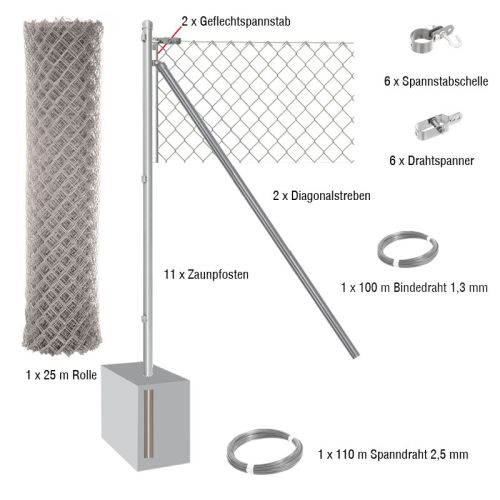 25 Meter Maschendrahtzaun Komplett-Set Dingo - Farbe: verzinkt, Höhe: 175 cm, Ausführung: zum Einbetonieren