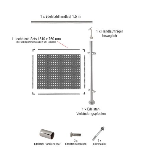 Edelstahlgeländer Erweiterungsset: Lochblech - Länge: 1,39 m, aufgesetzte Montage 