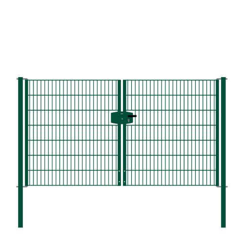 Drahtgittertor 2-flügelig, Durchgangslichte: 264 cm, Gesamtbreite inkl. Pfosten: 276 cm - Ausführung: grün beschichtet, Höhe: 143 cm