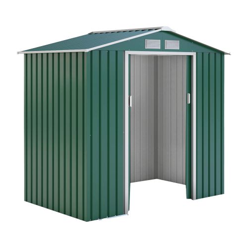 Gerätehaus Kompakt 2 - Farbe: grün, Dachlänge: 2130 mm, Dachbreite: 1270 mm, Gesamthöhe: 1850 mm
