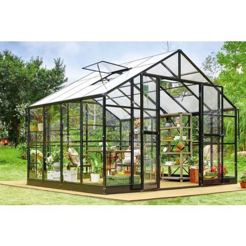 Gewächshaus Rosmarin PRO - Farbe: schwarz, Ausführung: Echtglas 4 mm, Länge: 2780 mm, Breite: 3540 mm, Höhe: 2670 mm