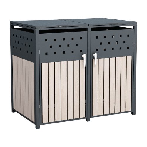 Mülltonnenbox 2-flügelig - Farbe: anthrazit & Holzoptik, Breite: 132 cm, Höhe: 116 cm, Tiefe: 80 cm