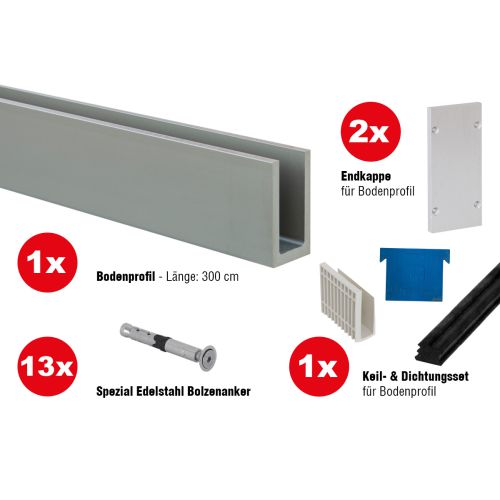 Ganzglasgeländer Komplettset - Ausführung: für aufgesetzte Montage, für Glasstärke: 20,76-21,52 mm, Länge: 3 m