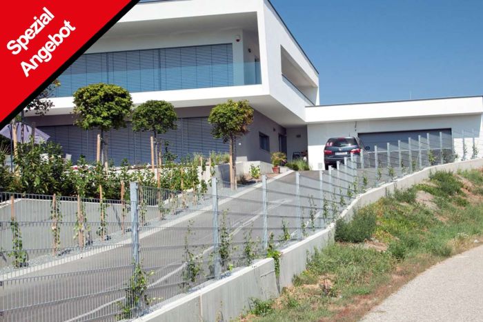 Zaun Gartenzaun Komplettset 10 m, Farbe: verzinkt, Höhe: 123 cm, mit Fußplatten, Doppelstabmatten 6/5/6