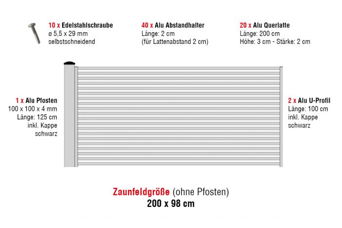 Aluzaun Cardiff Zaunfeld-Set - Höhe: 98 cm, Breite: 200 cm, Farbe: grau