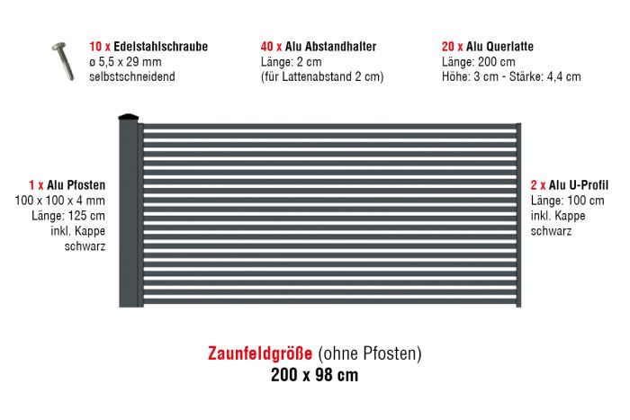 Aluzaun Cardiff Pro Zaunfeld-Set - Höhe: 98 cm, Breite: 200 cm, Farbe: anthrazit