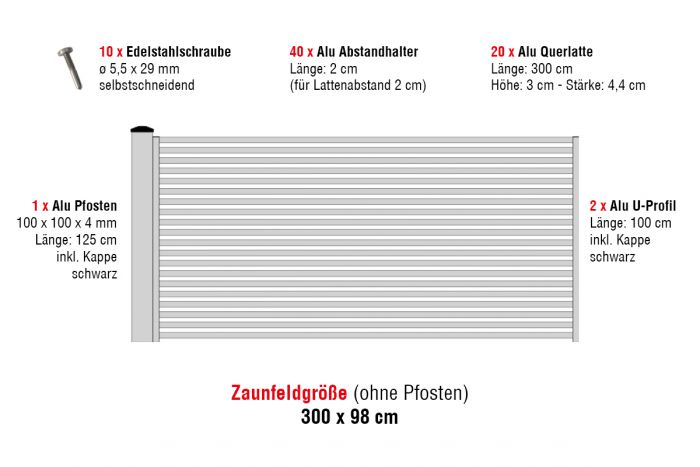 Aluzaun Cardiff Pro Zaunfeld-Set - Höhe: 98 cm, Breite: 300 cm, Farbe: grau