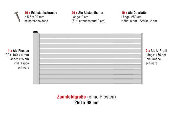 Aluzaun Dublin 80 Zaunfeld-Set - Höhe: 98 cm, Breite: 250 cm, Farbe: grau