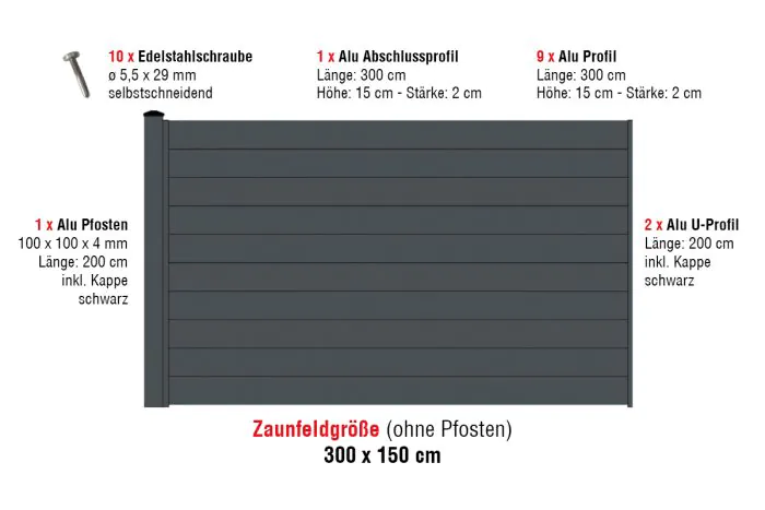 Aluzaun Glasgow Zaunfeld-Set - Höhe: 150 cm, Breite: 300 cm, Farbe: anthrazit