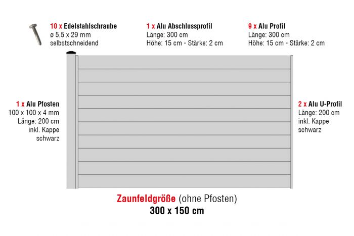 Aluzaun Glasgow Zaunfeld-Set - Höhe: 150 cm, Breite: 300 cm, Farbe: grau