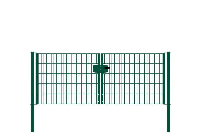 Drahtgittertor 2-flügelig, Durchgangslichte: 264 cm, Gesamtbreite inkl. Pfosten: 276 cm - Ausführung: grün beschichtet, Höhe: 103 cm