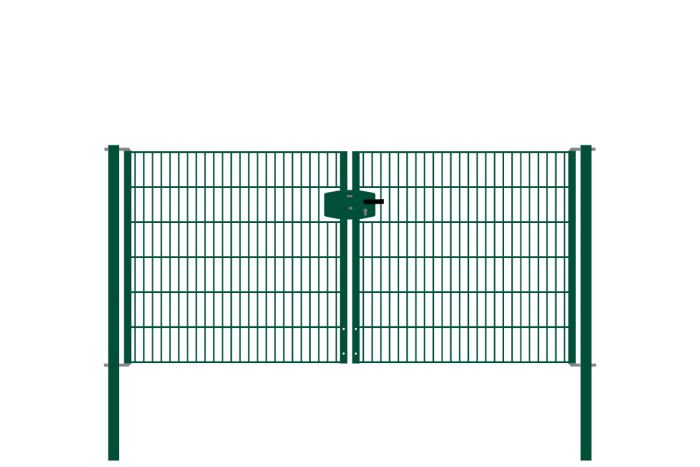 Drahtgittertor 2-flügelig, Durchgangslichte: 264 cm, Gesamtbreite inkl. Pfosten: 276 cm - Ausführung: grün beschichtet, Höhe: 123 cm