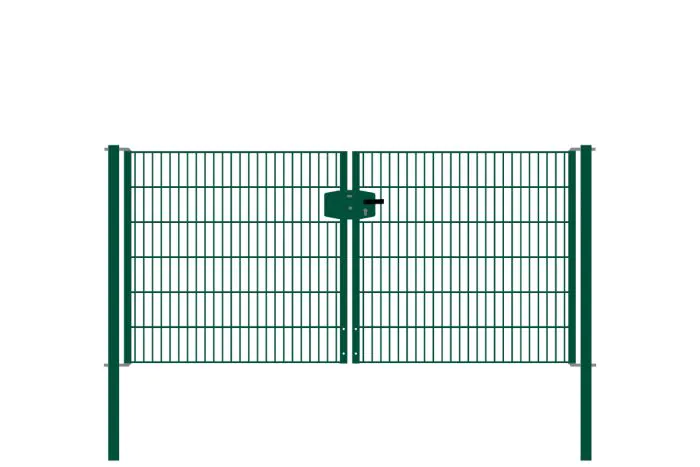 Drahtgittertor 2-flügelig, Durchgangslichte: 264 cm, Gesamtbreite inkl. Pfosten: 276 cm - Ausführung: grün beschichtet, Höhe: 123 cm