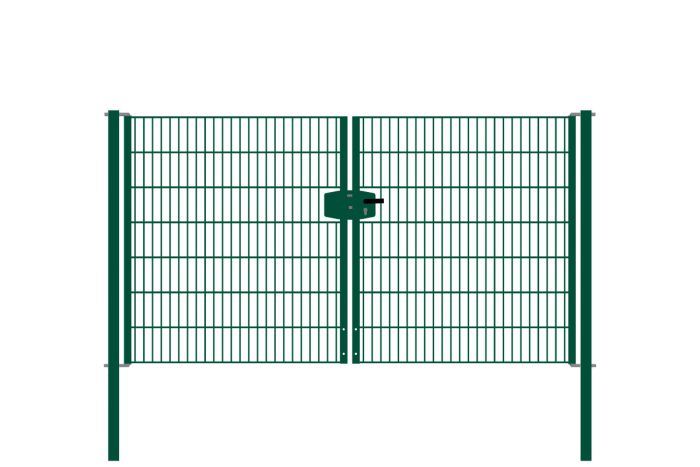 Drahtgittertor 2-flügelig, Durchgangslichte: 264 cm, Gesamtbreite inkl. Pfosten: 276 cm - Ausführung: grün beschichtet, Höhe: 143 cm