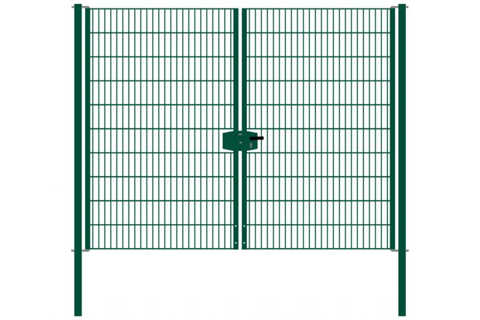 Drahtgittertor 2-flügelig, Durchgangslichte: 264 cm, Gesamtbreite inkl. Pfosten: 276 cm - Ausführung: grün beschichtet, Höhe: 203 cm