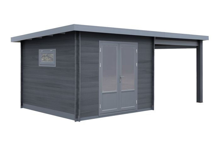 WPC Gartenhaus Alpenblick inkl. überdachter Terrasse - Länge: 560 cm, Breite: 300 cm, Höhe: 239 cm, Farbe: dunkelgrau
