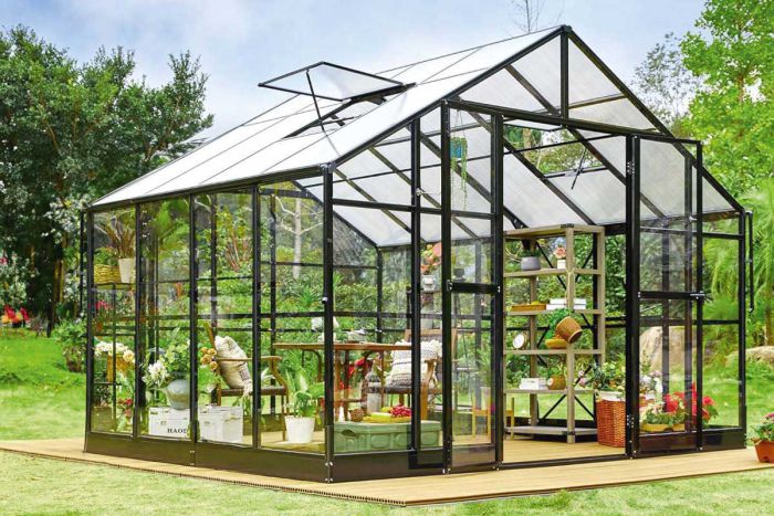 Gewächshaus Rosmarin PRO - Farbe: schwarz, Ausführung: Echtglas 4 mm, Länge: 2780 mm, Breite: 3540 mm, Höhe: 2670 mm