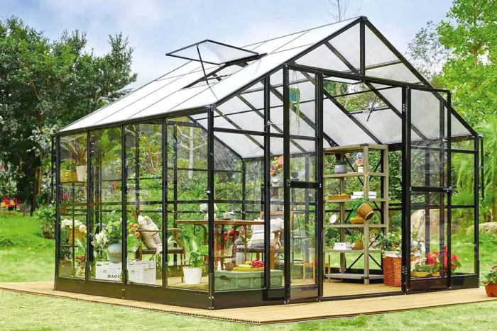 Gewächshaus Rosmarin PRO - Farbe: schwarz, Ausführung: Echtglas 4 mm, Länge: 2780 mm, Breite: 3540 mm, Höhe: 2670 mm