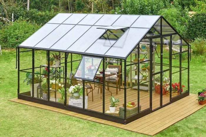Gewächshaus Rosmarin PRO - Farbe: schwarz, Ausführung: Echtglas 4 mm, Länge: 4130 mm, Breite: 3540 mm, Höhe: 2670 mm