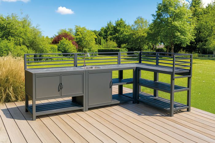 Outdoorküche aus Aluminium & Sinterstein - bestehend aus Modul A, B, C, D und 2x Ablagefläche