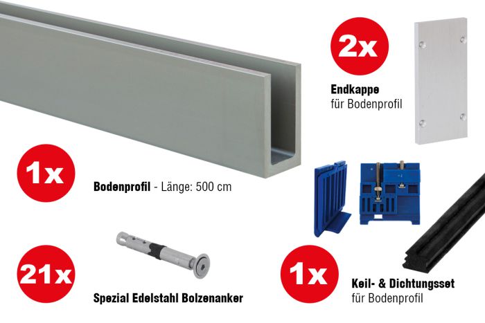 Ganzglasgeländer Komplettset - Ausführung: für aufgesetzte Montage, für Glasstärke: 16,76-17,52 mm, Länge: 5 m