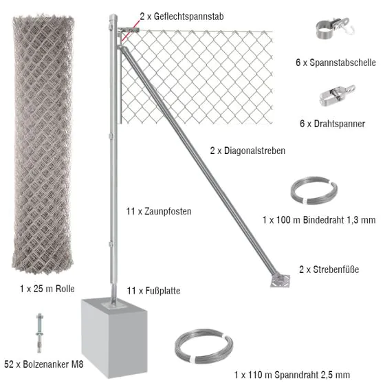 25 Meter Maschendrahtzaun Komplett-Set Dingo - Farbe: verzinkt, Höhe: 175 cm, Ausführung: mit Fußplatten