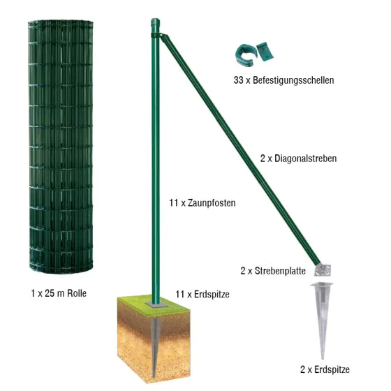 Gartenzaun / Gitterzaun 25 Meter Komplett-Set Foxx - Farbe: grün, Höhe: 183 cm, Ausführung: mit Erdspitzen