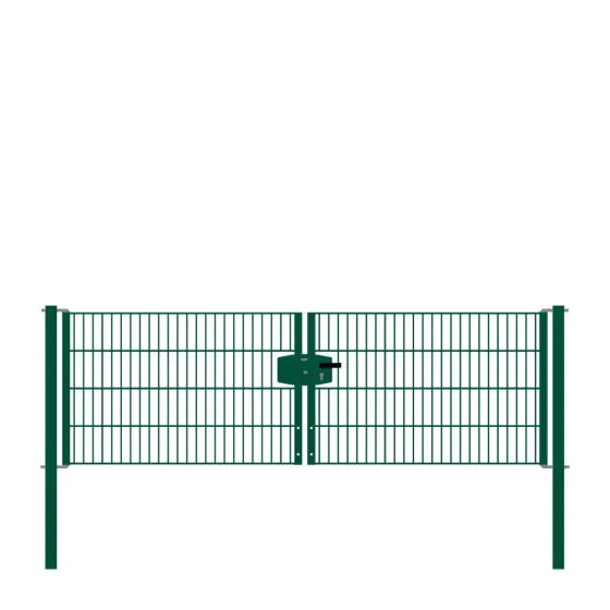Drahtgittertor 2-flügelig, Durchgangslichte: 264 cm, Gesamtbreite inkl. Pfosten: 276 cm - Ausführung: grün beschichtet, Höhe: 83 cm