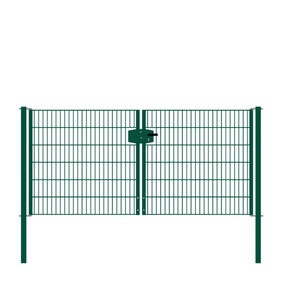 Drahtgittertor 2-flügelig, Durchgangslichte: 264 cm, Gesamtbreite inkl. Pfosten: 276 cm - Ausführung: grün beschichtet, Höhe: 123 cm