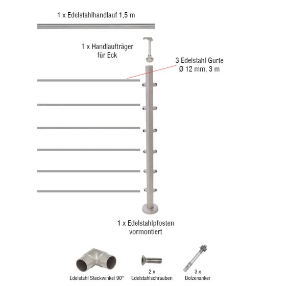 Edelstahl Gurtgeländer Eckset - Länge: 1,5 m, aufgesetzte Montage 