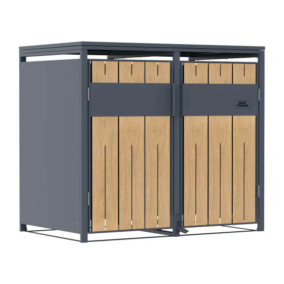 Mülltonnenbox 2-flügelig mit Pedalfunktion - Farbe: anthrazit & Holzoptik, Breite: 132 cm, Höhe: 116 cm, Tiefe: 80 cm