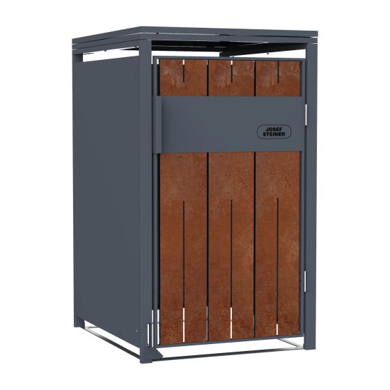 Mülltonnenbox 1-flügelig mit Pedalfunktion - Farbe: anthrazit & Rostoptik, Breite: 68 cm, Höhe: 116 cm, Tiefe: 80 cm