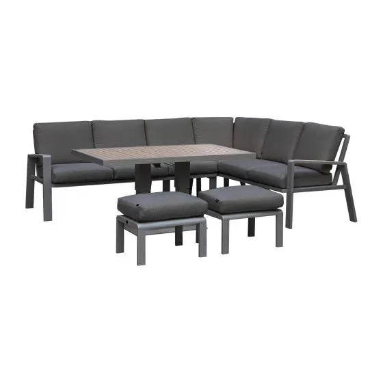 Essgruppe Malaga - bestehend aus 1x Sofa, 1x Sofa rechts, 1x Gartentisch, 2x Hocker