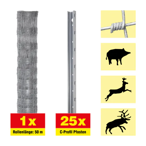 Wildzaun 50 m Set Taurus schwer - Höhe: 140 cm, inkl. 25 Pfosten, Horizontaldrähte: 11