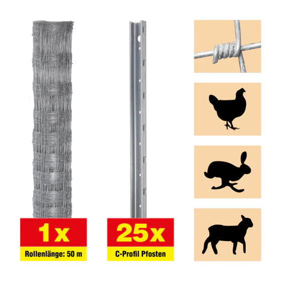 Weidezaun 50 m Set Taurus leicht - Höhe: 160 cm, inkl. 25 Pfosten, Horizontaldrähte: 23