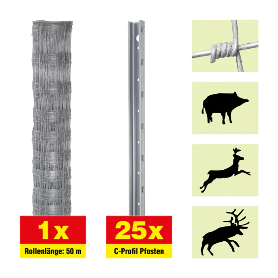 Forstzaun 50 m Set Taurus Forstwirtschaft - Höhe: 160 cm, inkl. 25 Pfosten, Horizontaldrähte: 23