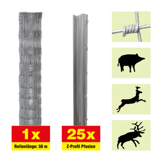 Forstzaun 50 m Set Taurus Forstwirtschaft - Höhe: 160 cm, inkl. 25 Z-Pfosten, Horizontaldrähte: 23