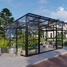 Gewächshaus Oregano - Farbe: schwarz, Ausführung: Kunststoffglas Dach + Echtglas Wand, Länge: 3060 mm, Breite: 4060 mm, Höhe: 2470 mm