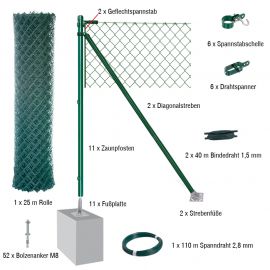 25 Meter Maschendrahtzaun Komplett-Set Dingo - Farbe: grün, Höhe: 200 cm, Ausführung: mit Fußplatten