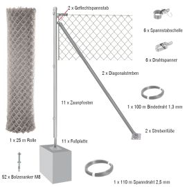 25 Meter Maschendrahtzaun Komplett-Set Dingo - Farbe: verzinkt, Höhe: 150 cm, Ausführung: mit Fußplatten