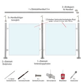 Edelstahl Glasgeländer Set - Länge: 2,8 m, aufgesetzte Montage 