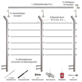 Edelstahl Gurtgeländer Set mit Übersteigschutz - Länge: 3 m, seitliche Montage 
