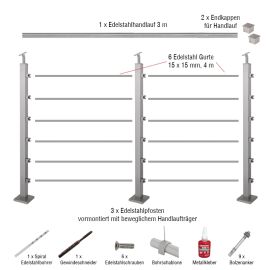 Edelstahlgeländer 40x40 mm Set - Länge: 3 m, aufgesetzte Montage, 6 Querstäbe