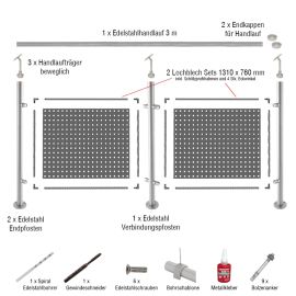 Edelstahlgeländer Set: Lochblech - Länge: 2,82 m, aufgesetzte Montage 