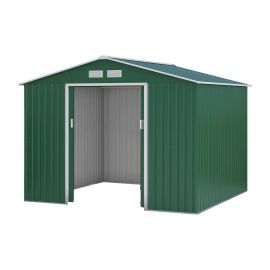 Gerätehaus Kompakt 4 - Farbe: grün, Dachlänge: 2770 mm, Dachbreite: 2550 mm, Gesamthöhe: 1920 mm