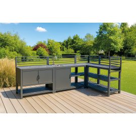 Outdoorküche aus Aluminium & Sinterstein - bestehend aus Modul A, B, C, D und 2x Ablagefläche