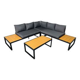 Sitzgruppe Oss 4-teilig aus Stahl, Stahlfarbe: schwarz, Stofffarbe: dunkelgrau