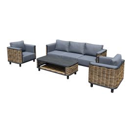 Sitzgruppe Prag 4-teilig aus Aluminium & Rattan - Aluminiumfarbe: schwarz, Stofffarbe: dunkelgrau